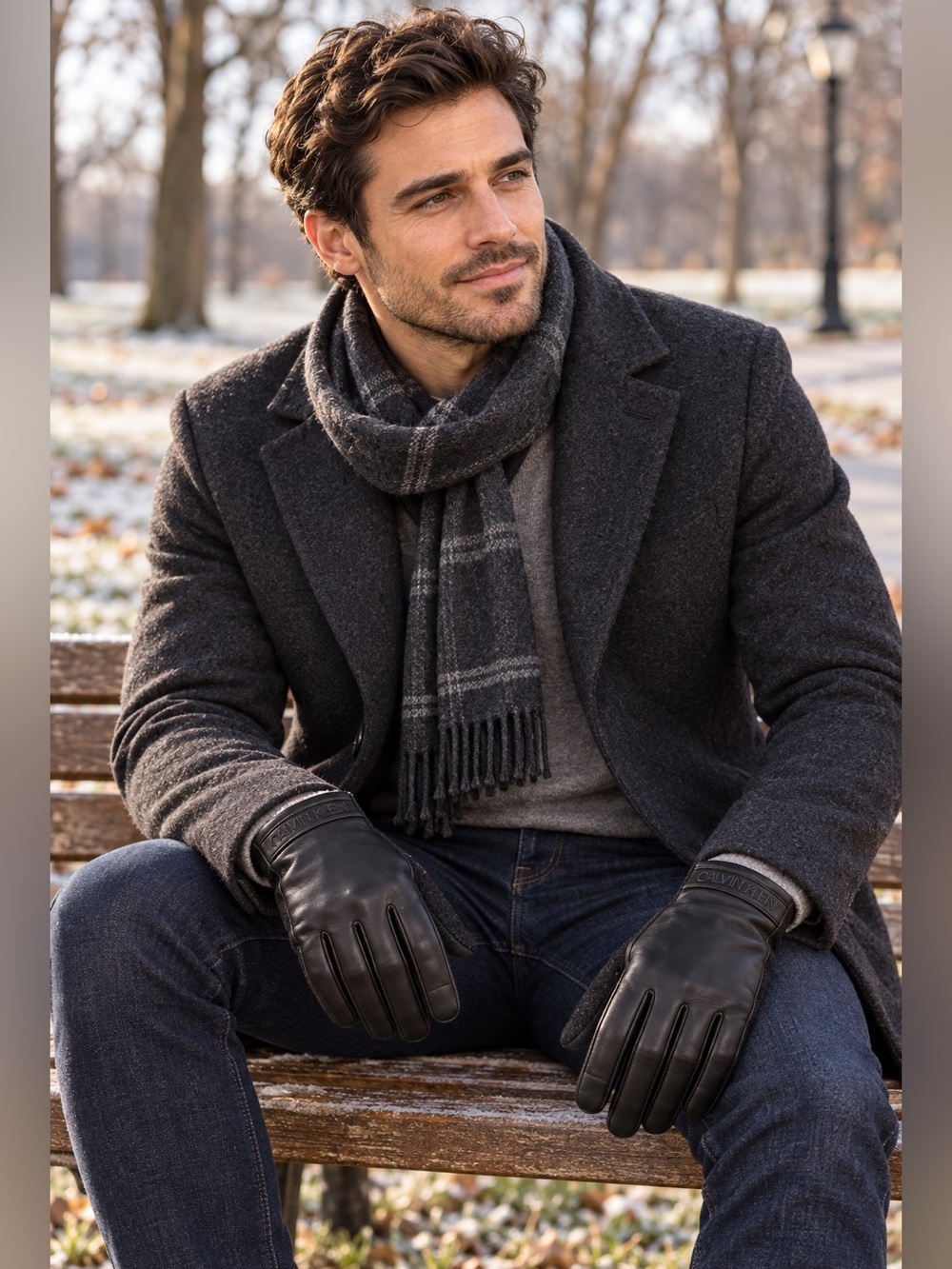 Calvin Klein NWT Men’s Black Leather & Wool Blend Touchscreen Gloves – Size L